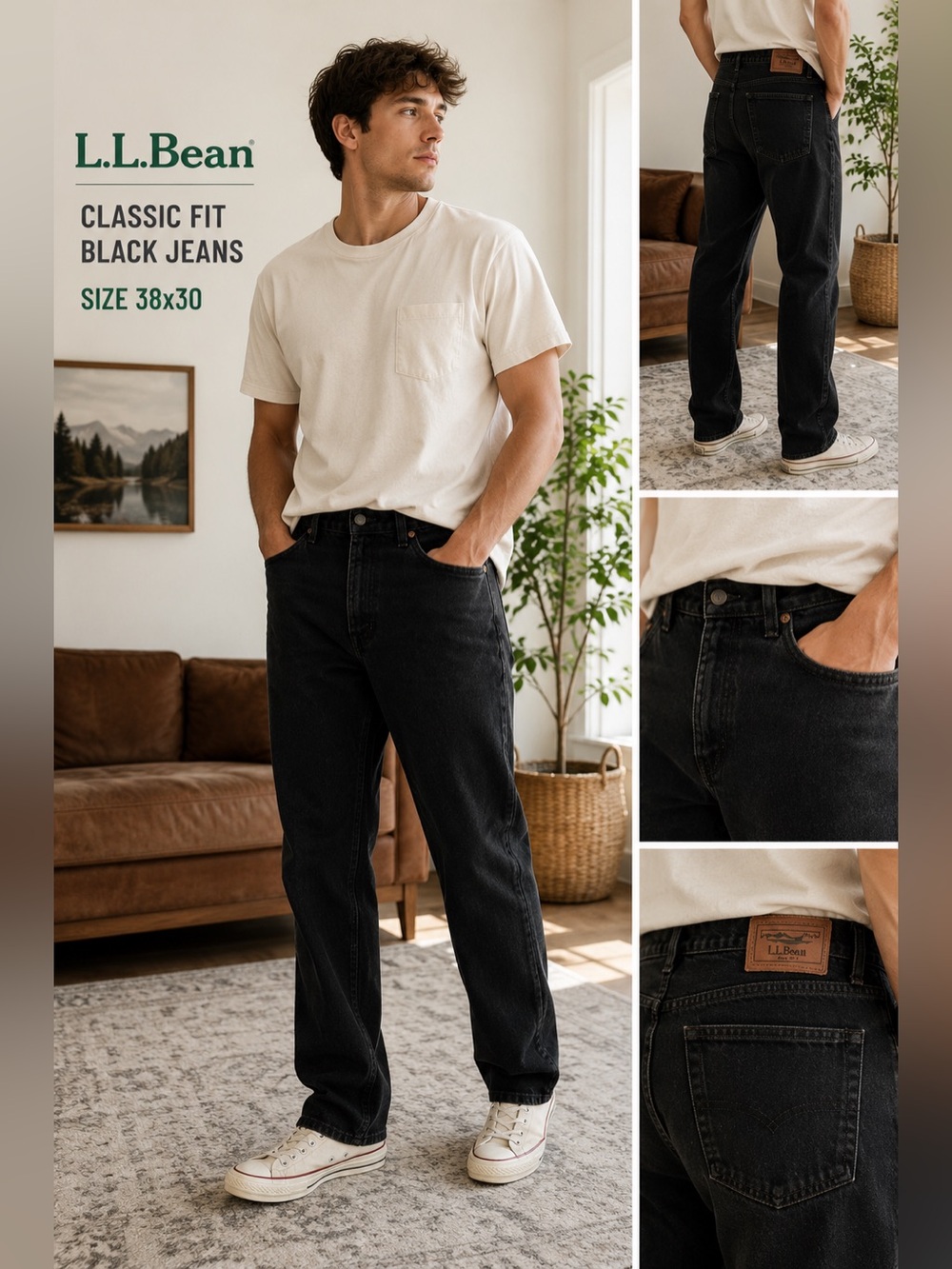 Title: L.L.Bean Classic Fit Black Jeans Men’s 38x30 100% Cotton Straight Leg Den